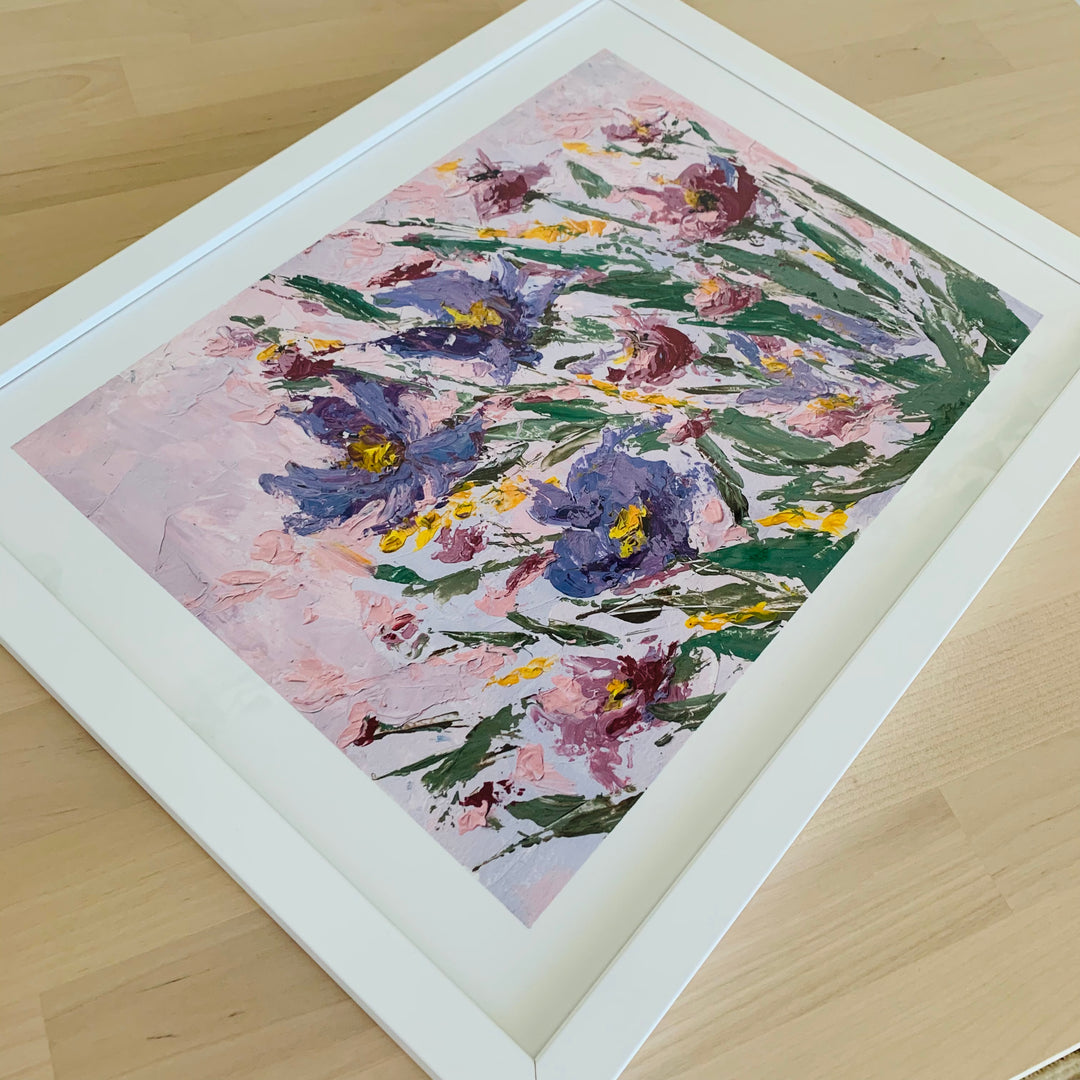 Artwork titled New Day: Framed Floral Print, Pink and Purple Impressionistic Artwork by Parisa Fine Arts
